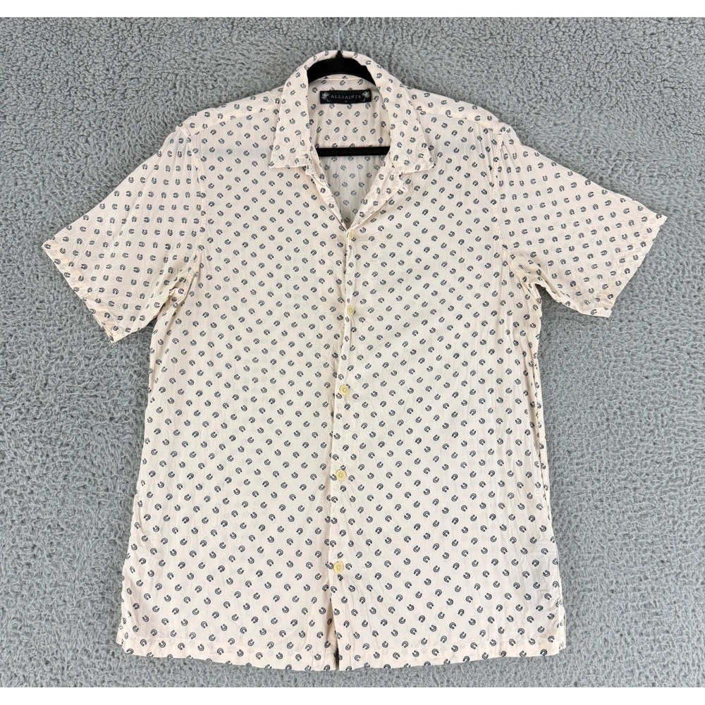 AllSaints Lucked Out Shirt Men's M Cream Horseshoe Print Viscose Short Sleeve